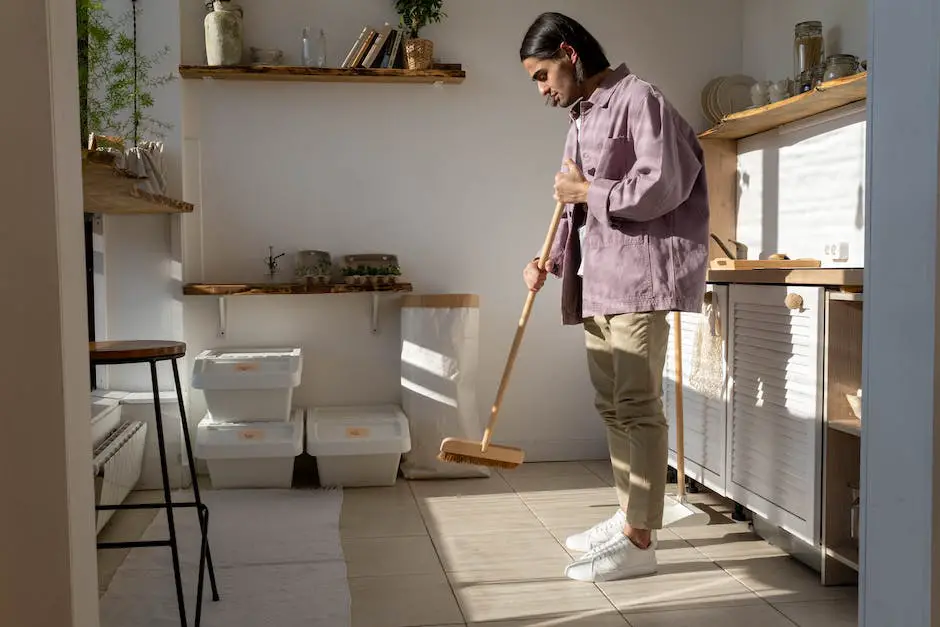 Illustration of a person cleaning peel and stick tiles with a soft-bristle broom, a microfiber mop, and a plastic scraper to remove dirt and residues.